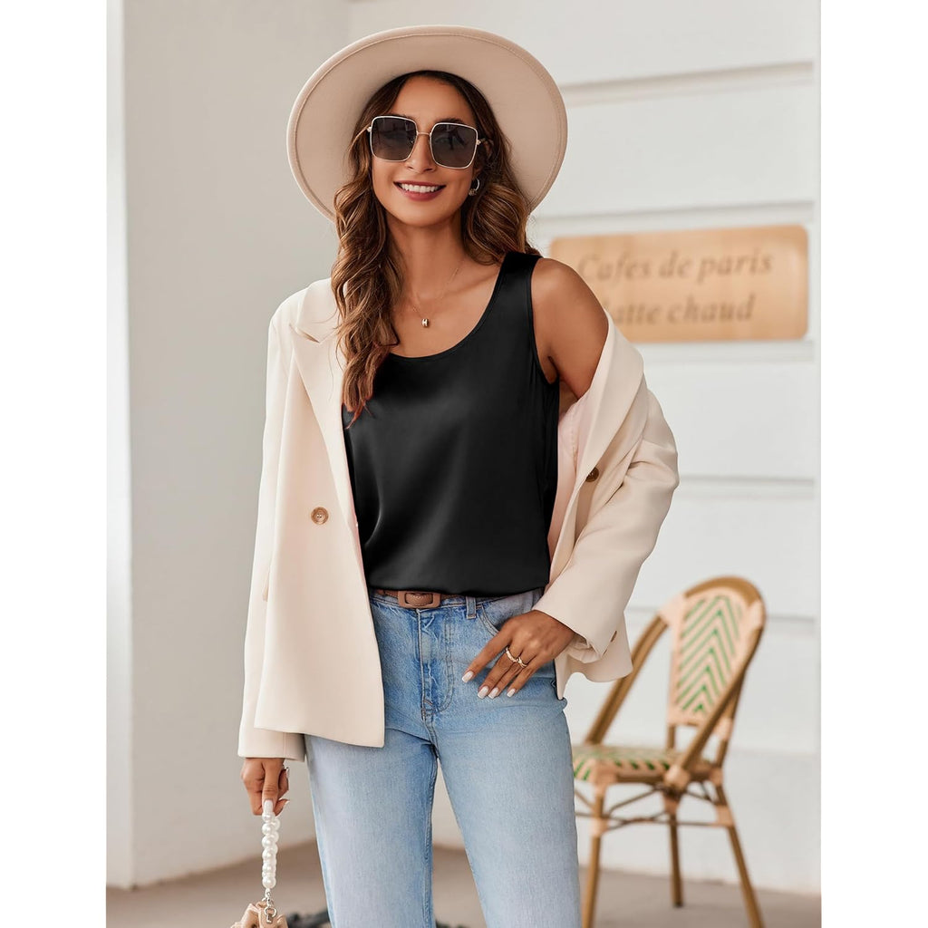 Women's Silk Satin Scoop Neck Tank Top Black