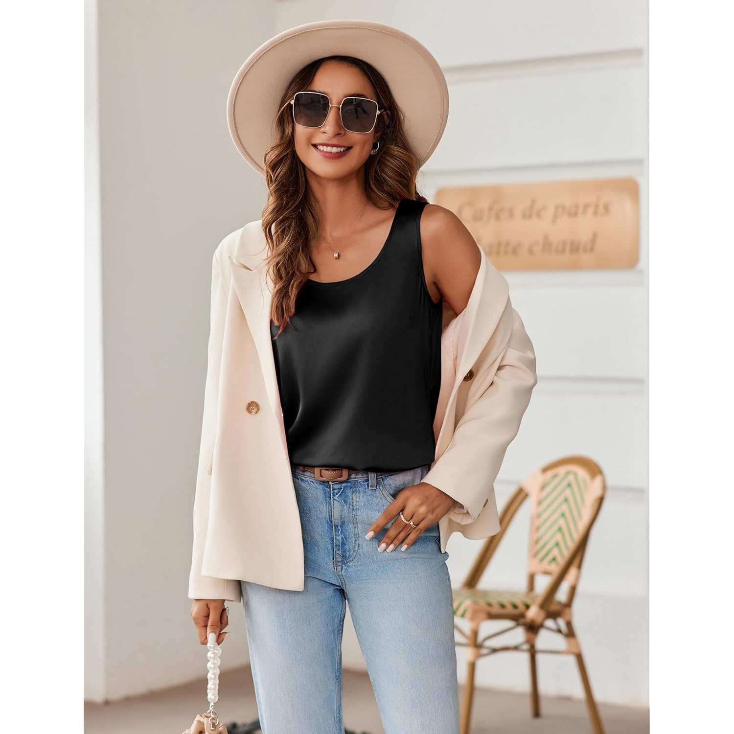 Women's Silk Satin Scoop Neck Tank Top Black