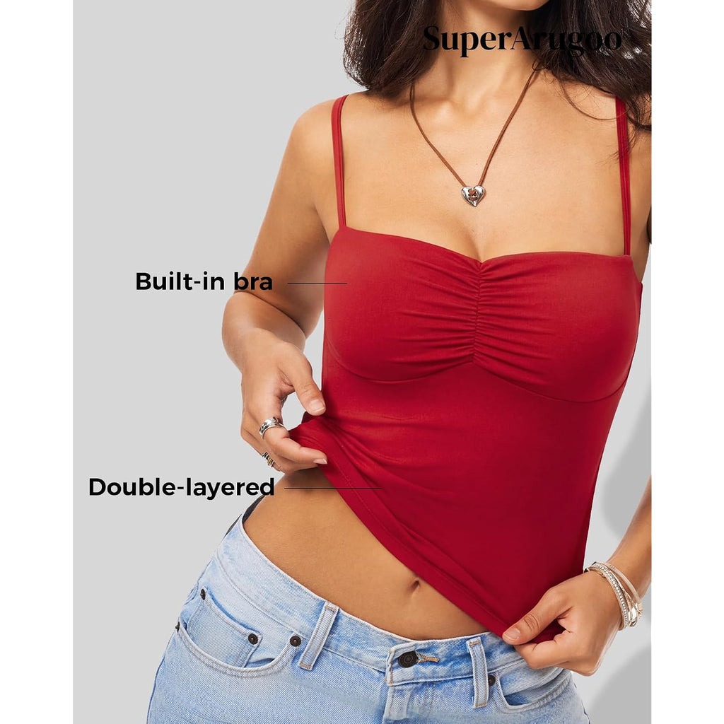 Tank Tops for Women Ruched Tops with Built-in Bra Pads Adjustable Strap Double Layer Sculpting Stretch Cami