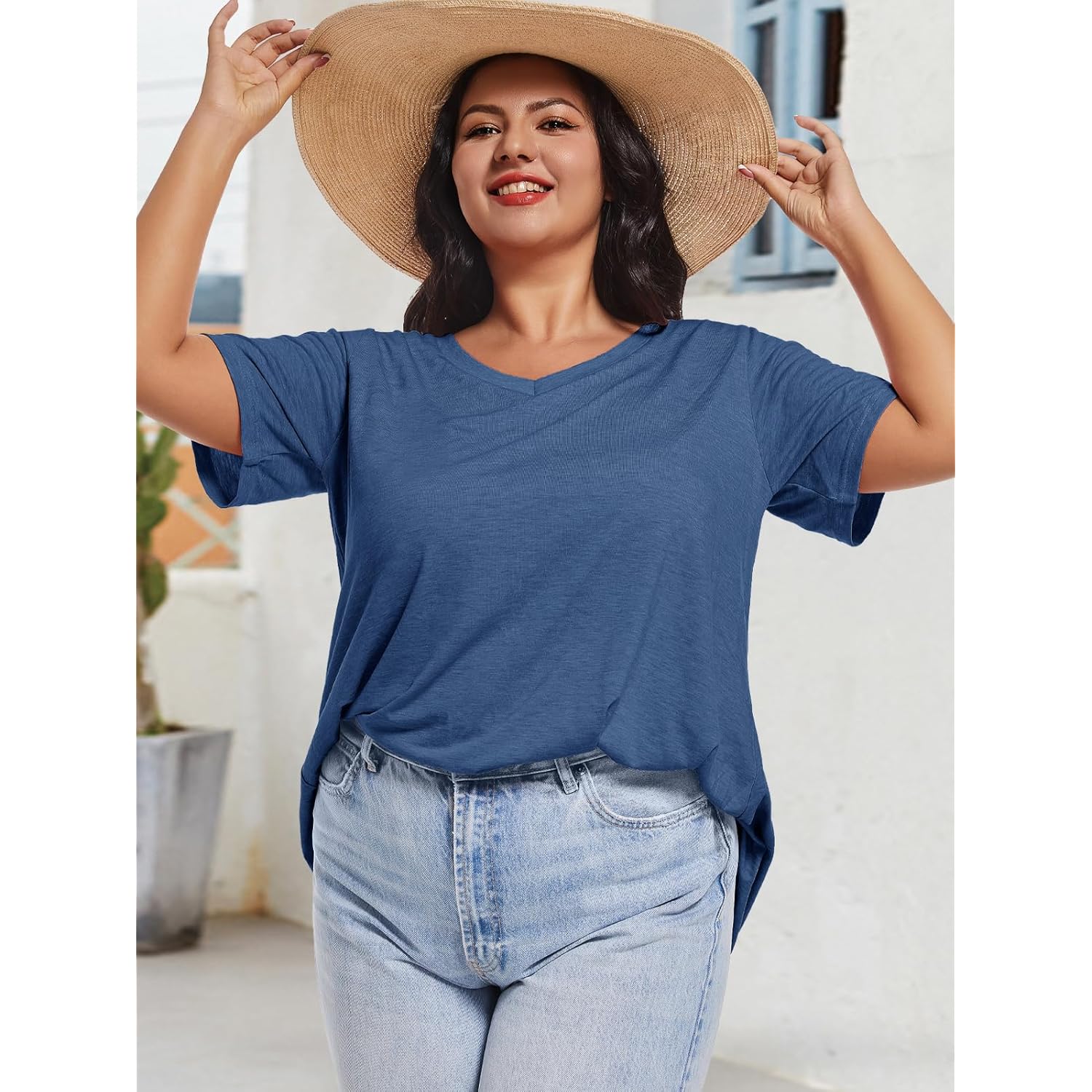 Women's Loose Fit V-Neck Tunic Top Grey/Blue