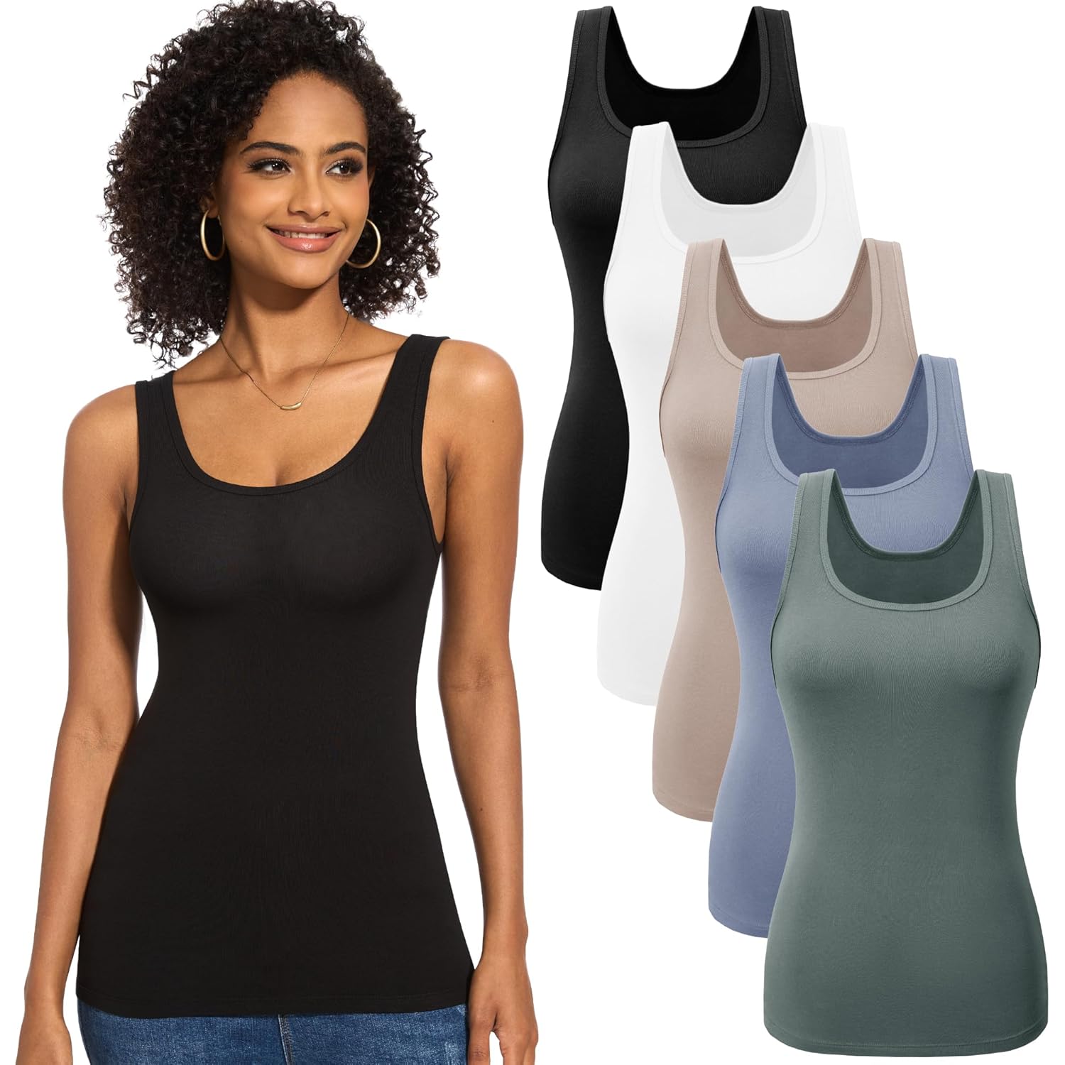 Women's Ribbed Scoop Neck Tank Top Olive Green/Dark Blue/Nude/White/Black