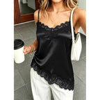 HAWILAND Women Satin Lace Asymmetrical Camisole Tops Silk Lace Trim Spaghetti Strap V Neck Cami Tank Top Going Out