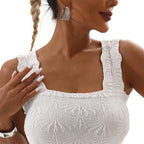 Women's Square Neck Seamless Wide Strap Crop Tank Tops,Slim Fit Flower Lettuce Trim Crop Cami Tops, Love Letter Cami