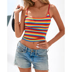 PRETTYGARDEN Women Summer Crop Tops Sleeveless Spaghetti Strap Tank Striped Cami Knit Y2K Clothes Slim Fit Spring Shirts