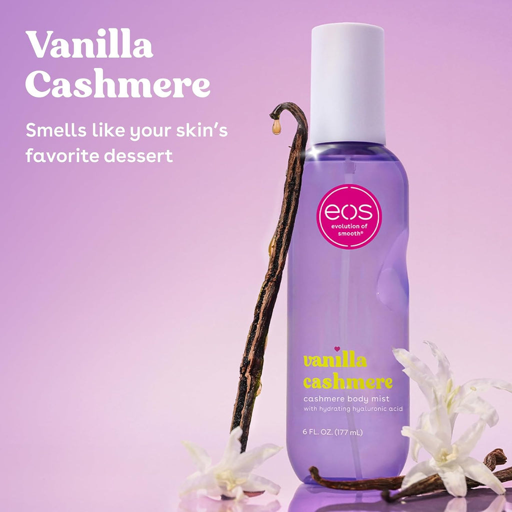 eos Cashmere Body Mist, Vanilla Musk & Cozy Caramel, Hair Mist and Body Spray for Women, Moisturizing Formula with Hyaluronic Acid, Vegan, Cruelty-Free, 6 fl oz