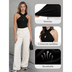 MOHHOM Women's Halter Neck Crossover Sleeveless Ribbed Knit Tank Top Slim Fit Casual Summer Basic Top