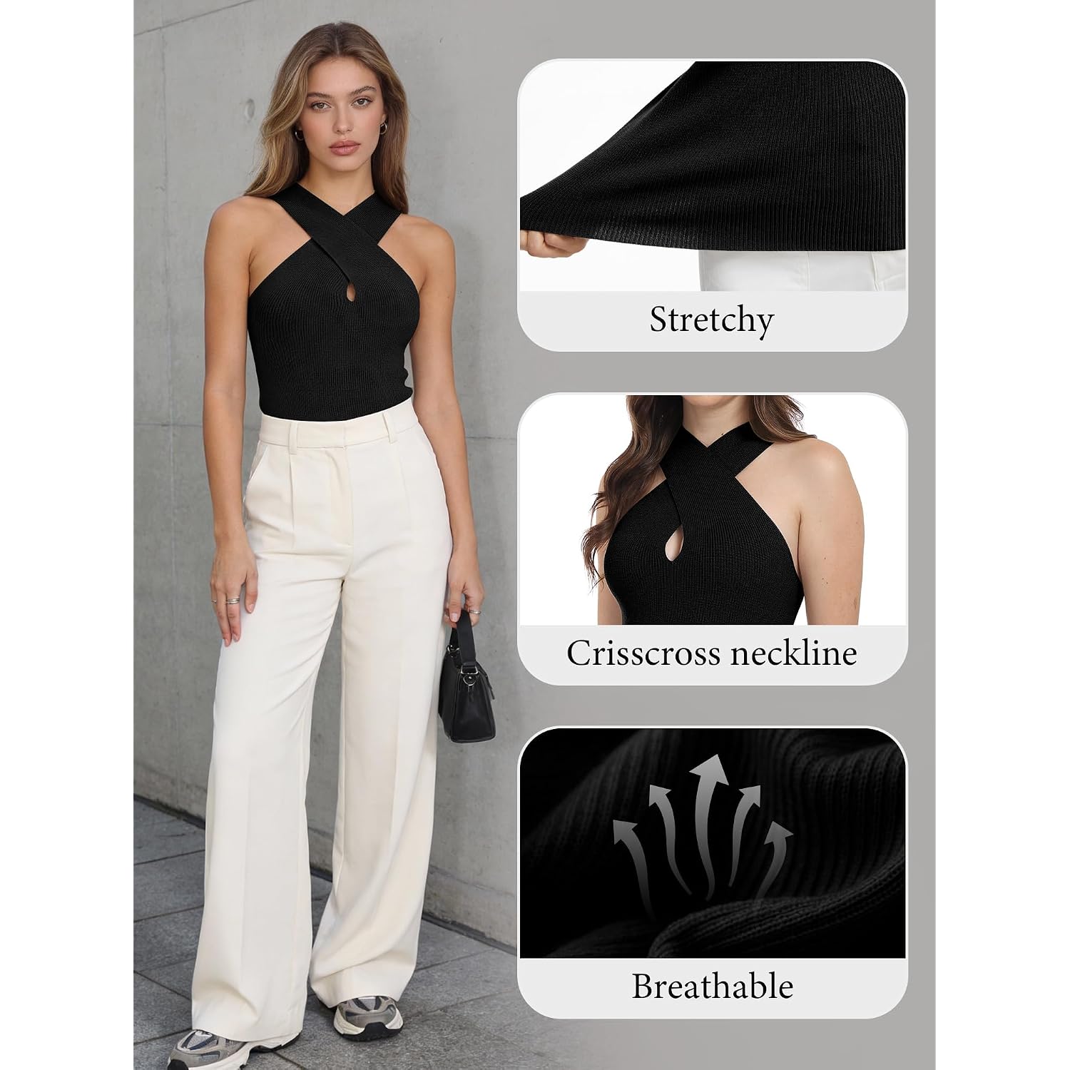 MOHHOM Women's Halter Neck Crossover Sleeveless Ribbed Knit Tank Top Slim Fit Casual Summer Basic Top