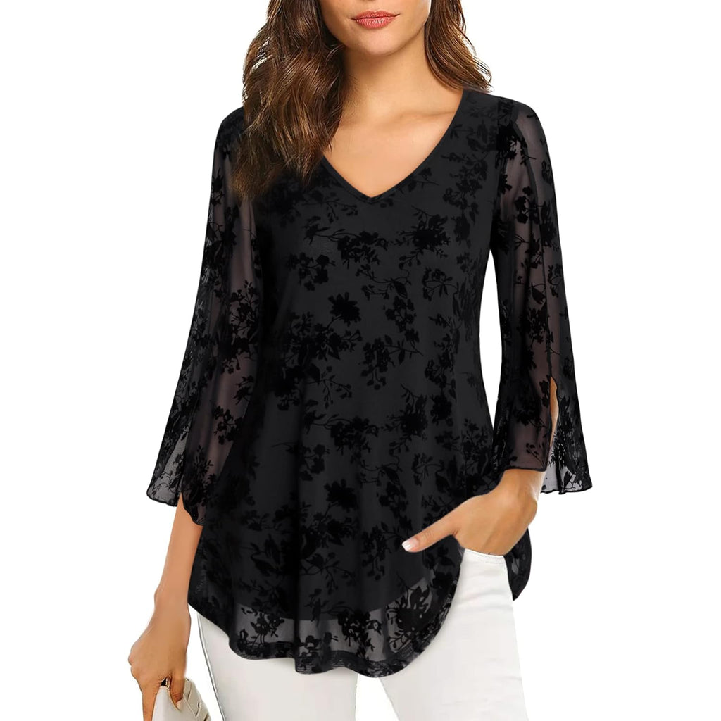 Women's Double Layer Mesh Tunic Top Black Floral