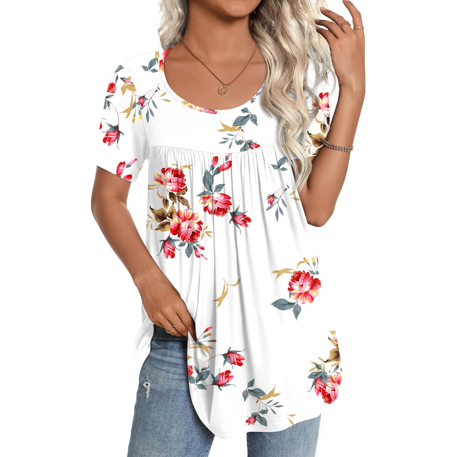 Women's Loose Fit Casual Tunic Top White Floral