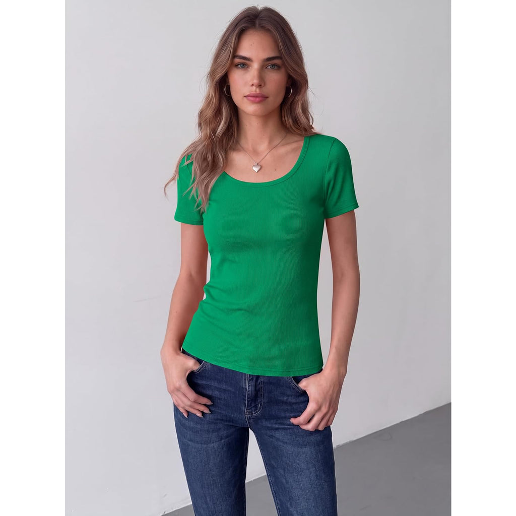 Zeagoo Womens Tops Short Sleeve Scoop Neck Shirts Ribbed Knit Fitted Basic Tees Casual Summer Work Clothes