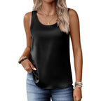 Women's Silk Satin Scoop Neck Tank Top Black