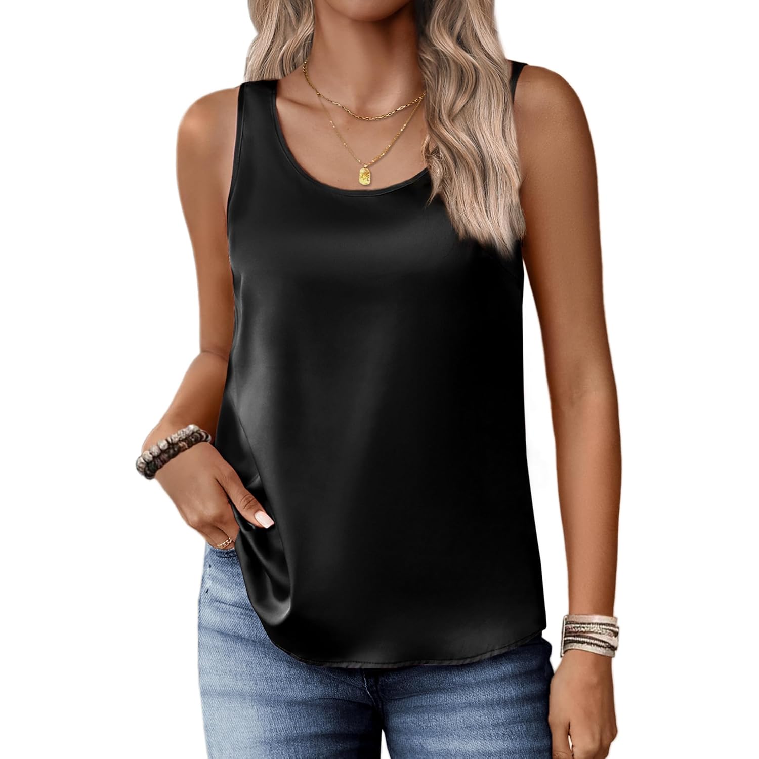 Women's Silk Satin Scoop Neck Tank Top Black