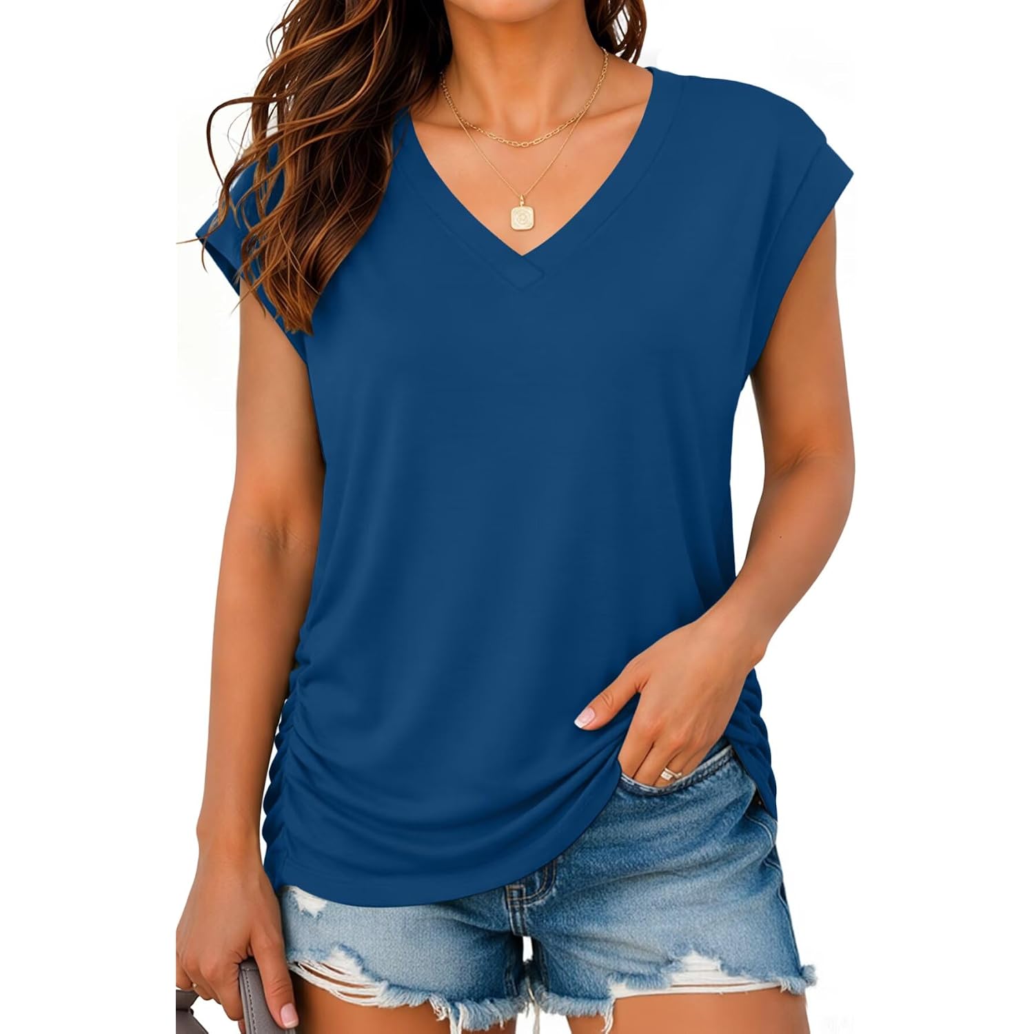 Bliwov Womens Summer Tops Business Casual Cap Sleeve V Neck T Shirts Trendy Outfits Beach Vacation Clothes Fashion Blouses