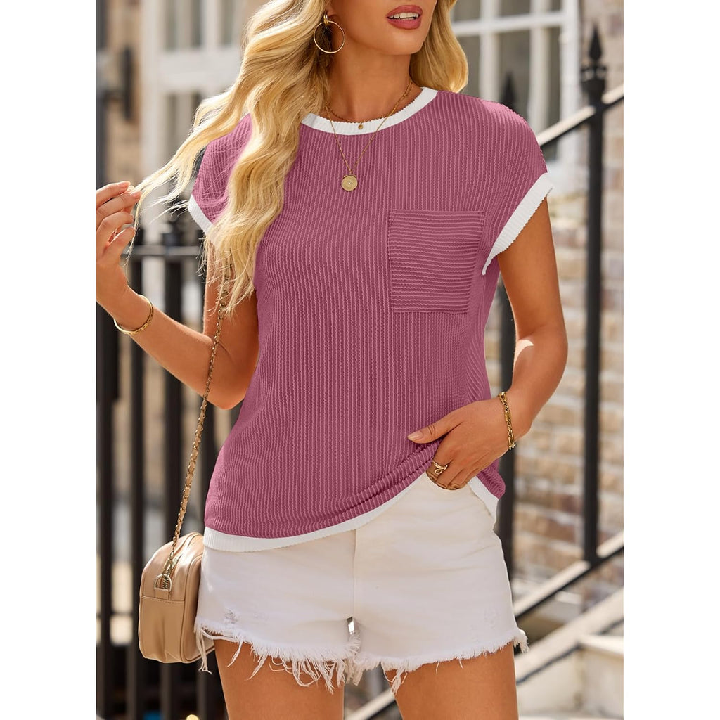 EVALESS Women's Short Sleeve T Shirts Crewneck Color Block Ribbed Knit Tee Blouses 2026 Trendy Summer Tops