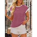EVALESS Women's Short Sleeve T Shirts Crewneck Color Block Ribbed Knit Tee Blouses 2026 Trendy Summer Tops