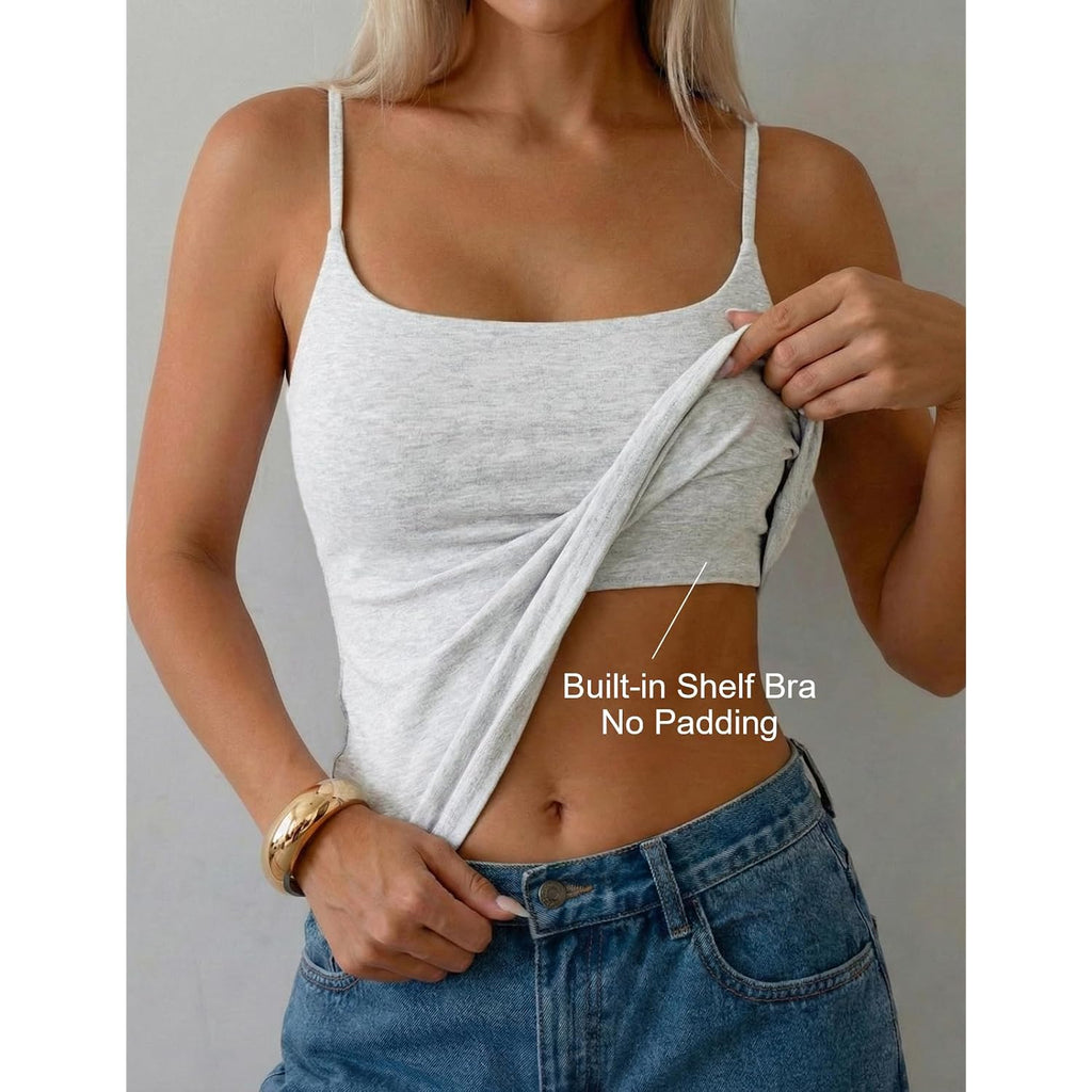 PrettyGuide Women Cotton Cami Tops Built-in Shelf Bra Unpadded Square Neck Crop Tank Top Fitted Basic Camisole Going Out Tees