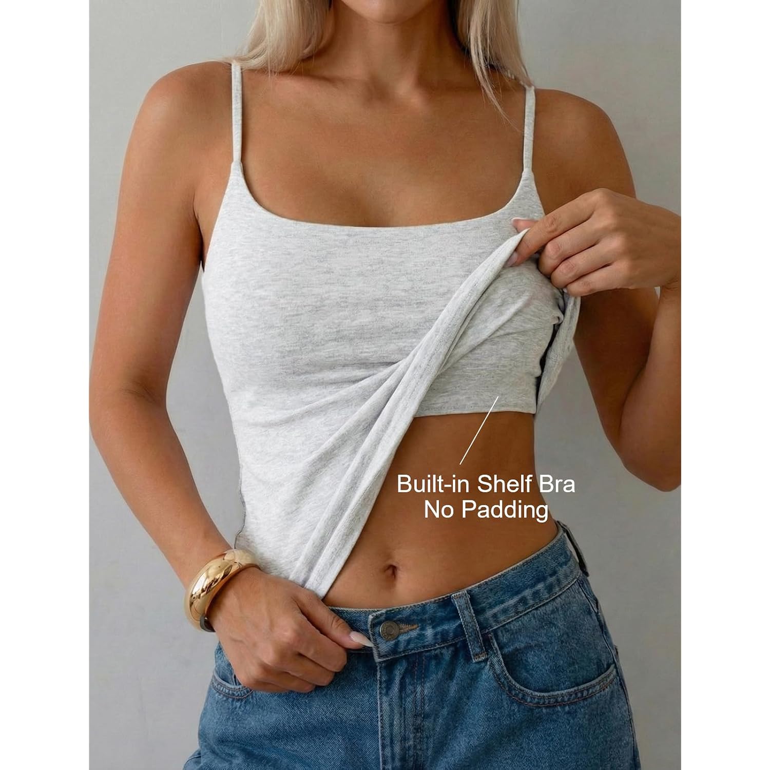 PrettyGuide Women Cotton Cami Tops Built-in Shelf Bra Unpadded Square Neck Crop Tank Top Fitted Basic Camisole Going Out Tees