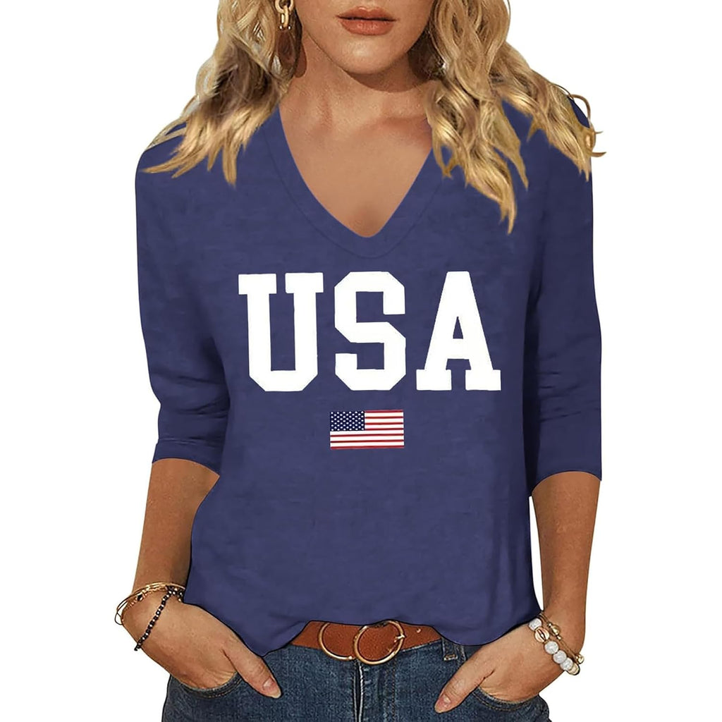 Womens V Neck Flowers Shirts Boho Floral Printed T-Shirt Vintage Graphic Tee Summer Casual Cute 3/4 Sleeve Tops