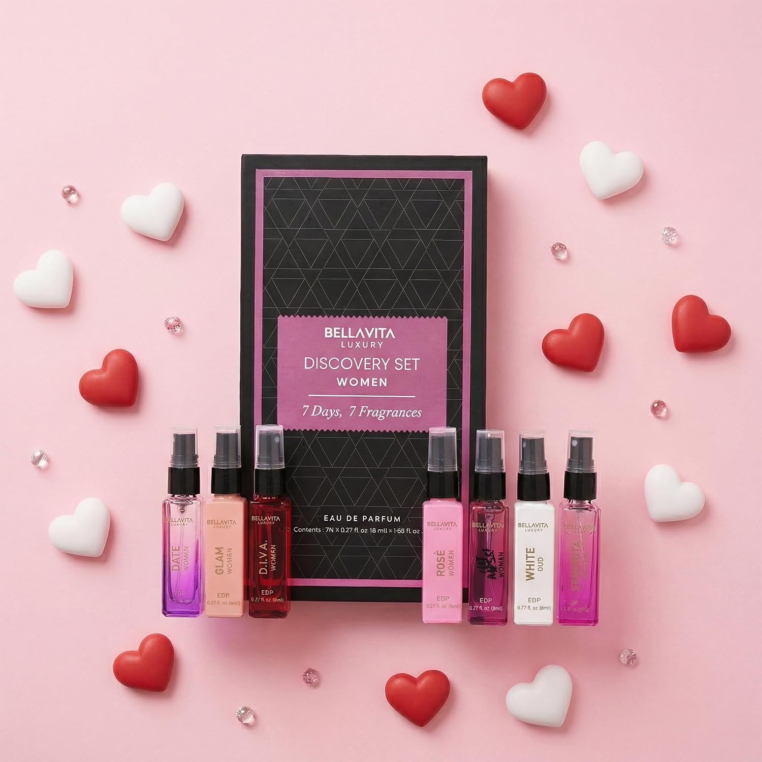 Bellavita Luxury Women's Perfume Discovery Gift Set with Date, Glam, Diva, Rose, Hot Mess, White Oud, and Senorita | 7 X 8ml | Floral, Fresh, Fruity Scent Profile | Mother's Day Present