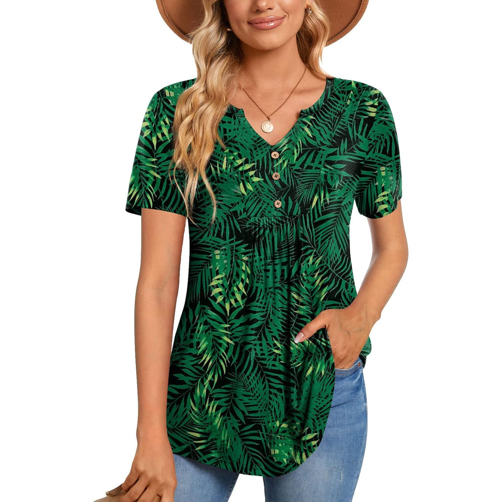 Women's Buttoned Henley Tunic Top Green Leaf/Black