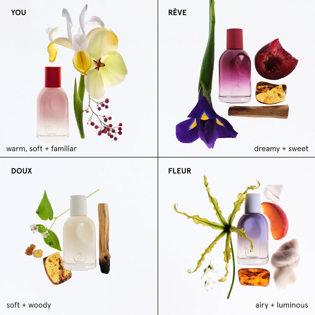 Glossier You Mini Wardrobe Fragrance Set - 4 Unisex Travel Size Eau de Parfum for Women & Men - Skin-Scent Enhancer Perfume Sampler, Smells Different on Everyone - You, Fleur, Doux, Rêve - 1.5ml Each