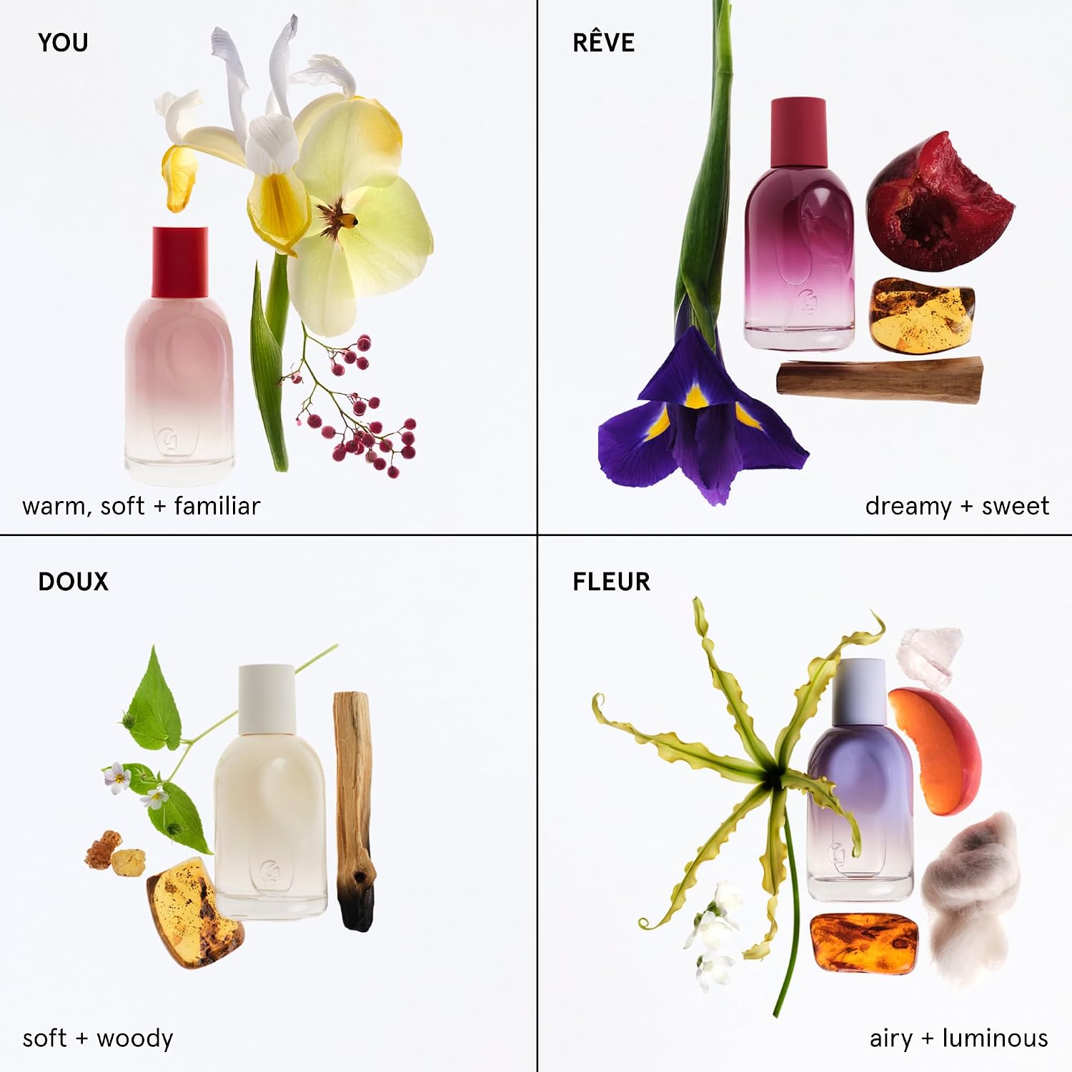Glossier You Mini Wardrobe Fragrance Set - 4 Unisex Travel Size Eau de Parfum for Women & Men - Skin-Scent Enhancer Perfume Sampler, Smells Different on Everyone - You, Fleur, Doux, Rêve - 1.5ml Each