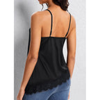 HAWILAND Women Satin Lace Asymmetrical Camisole Tops Silk Lace Trim Spaghetti Strap V Neck Cami Tank Top Going Out