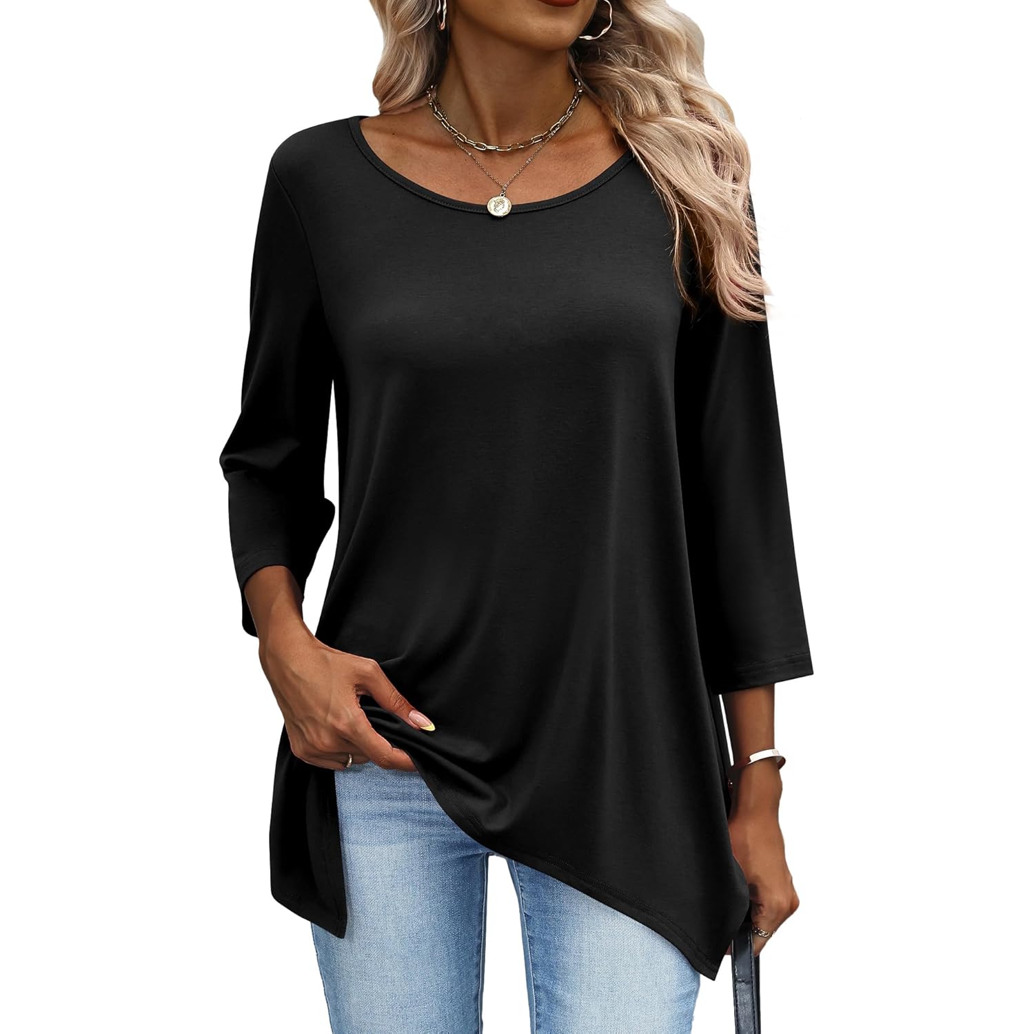 Women's Loose Fit Crew Neck Tunic Top Black