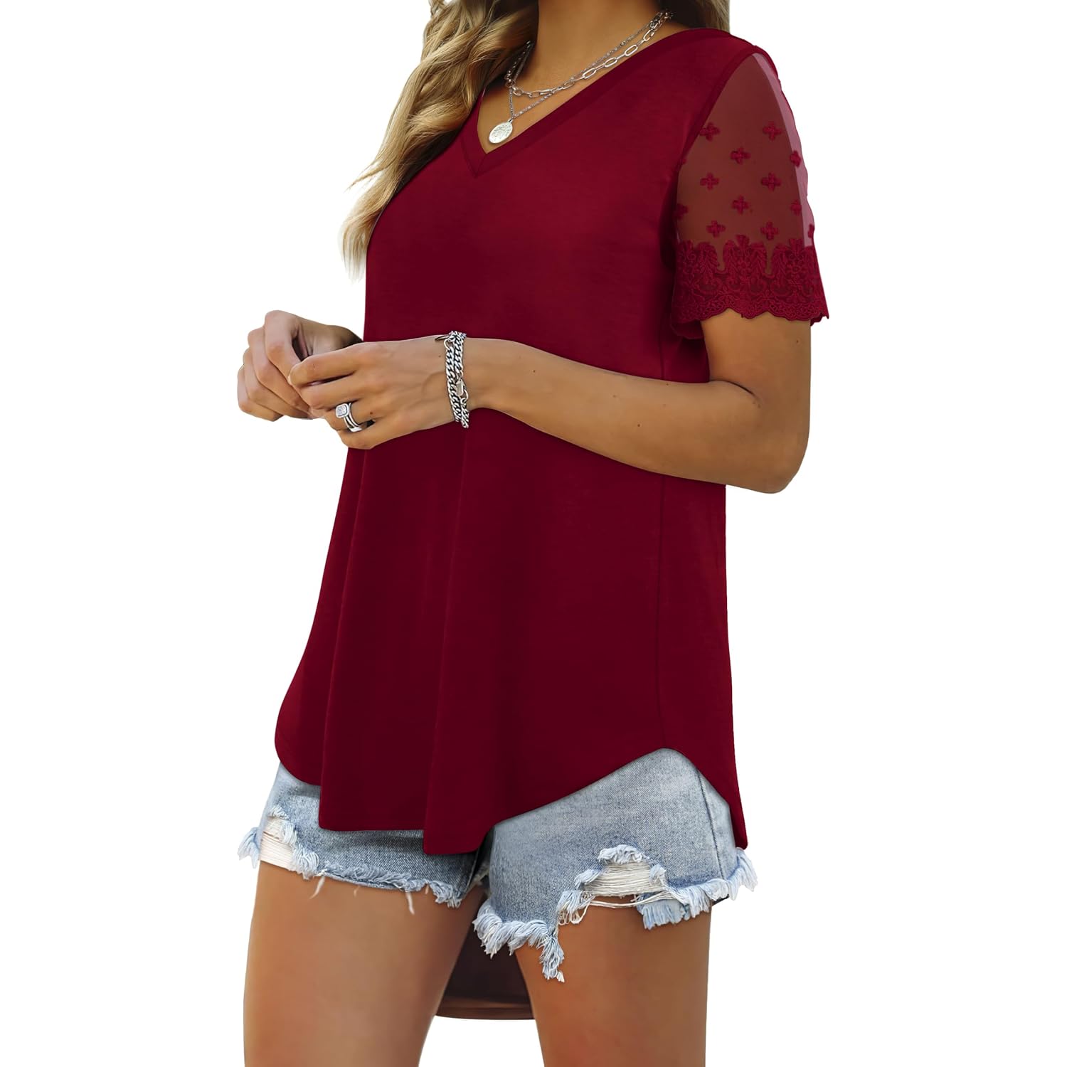 OFEEFAN Casual V Neck T Shirts for Women Lace Short Sleeve Curved Hem Tops Loose Fit
