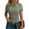 Dokotoo Womens Summer Tops Short Sleeve Cold Shoulder Metal Decorated Fashion T-Shirts Ribbed Knit Slim Fit Tee Blouses