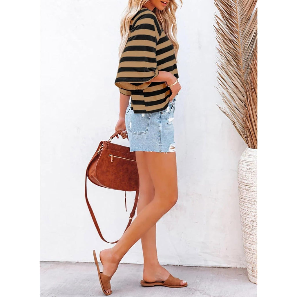Dokotoo Tops for Women Striped 2026 Fashion T Shirts for Women Color Block Crewneck Design Loose Basic Tee