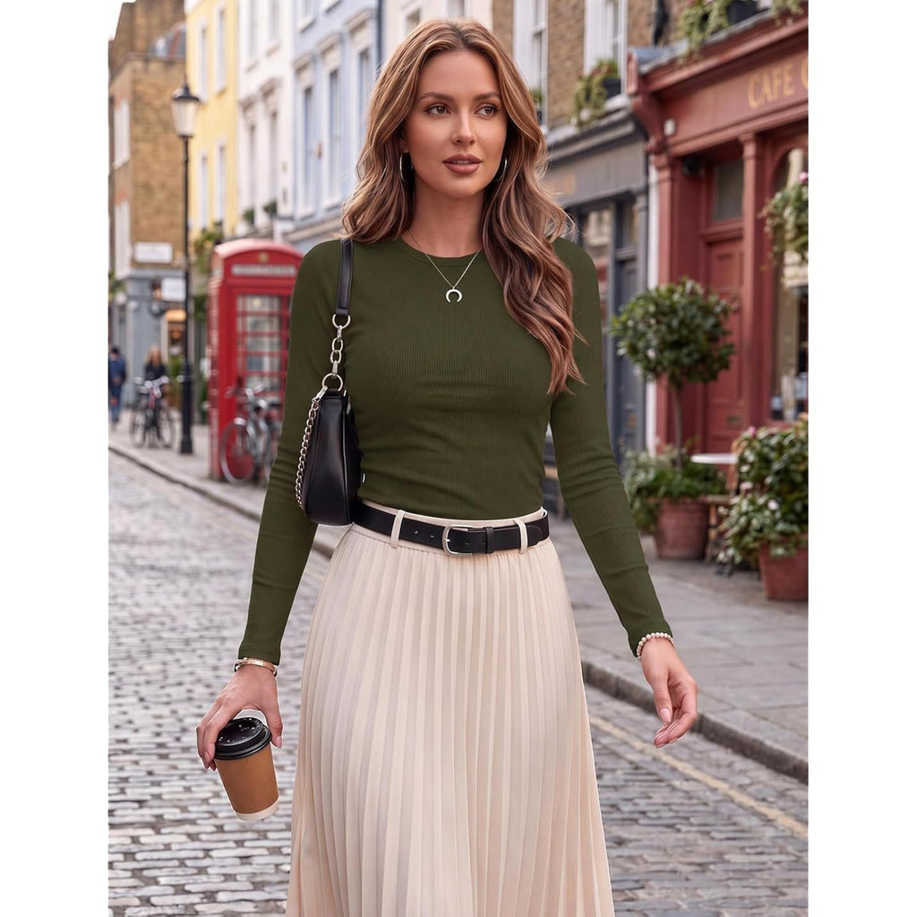 Zeagoo Women Long Sleeve Tops Crewneck Ribbed Knit Fitted Tshirts Dressy Casual Basic Tee 2026 Summer Fall Clothes