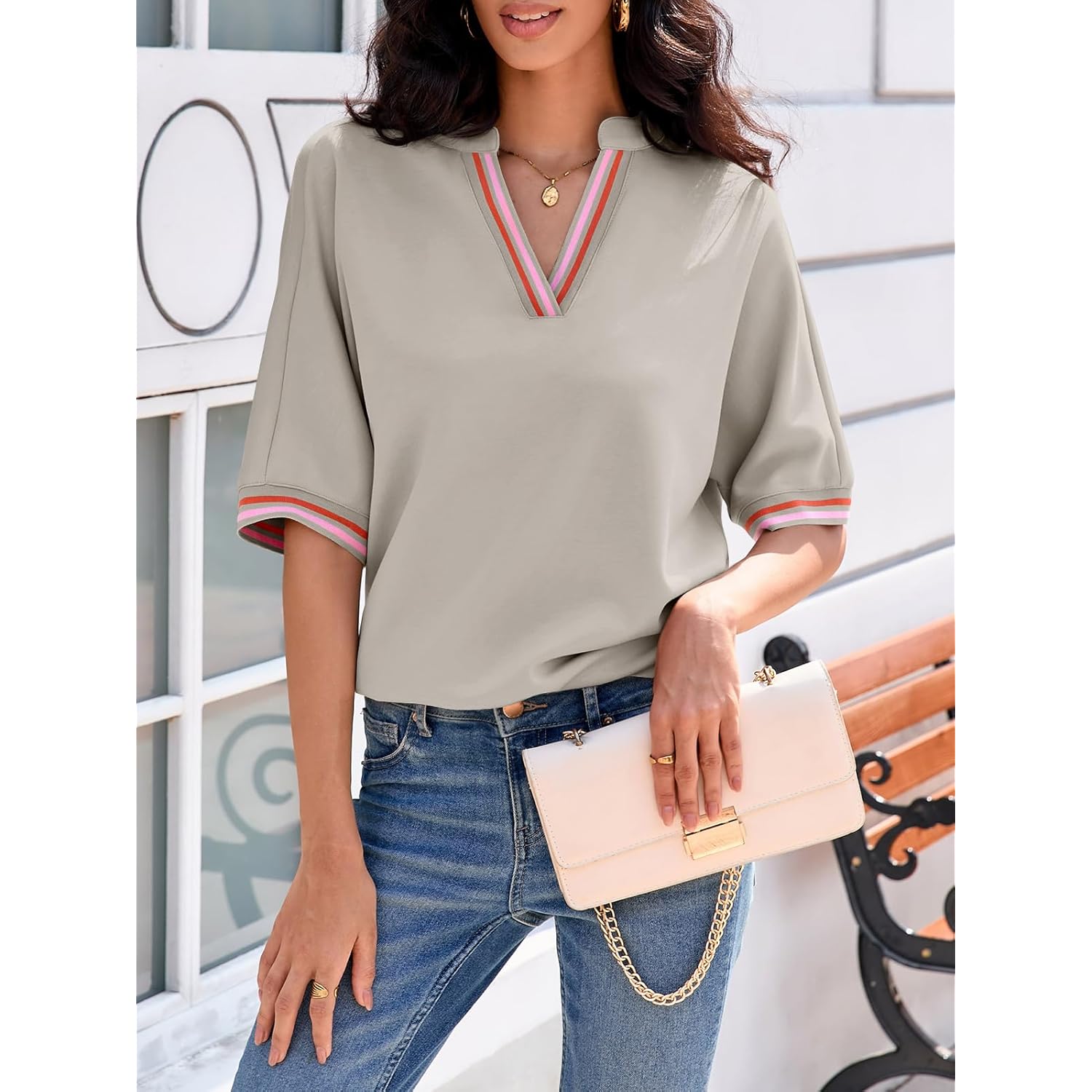 Women's Oversized V-Neck Tunic Top Khaki