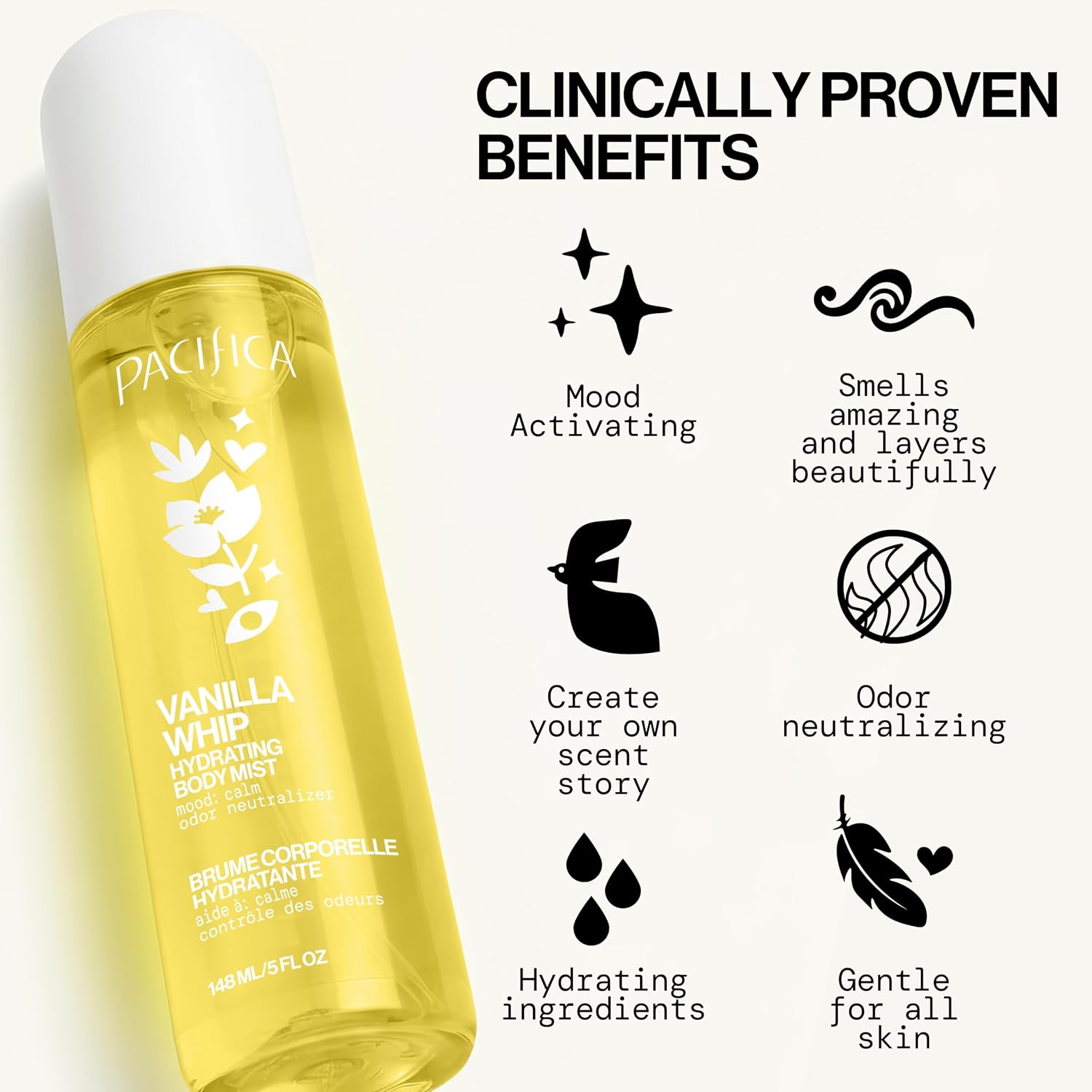 Pacifica Vanilla Whip Body Mist for Women; Sweet Gourmand Hair and Body Fragrance Spray | Warm Sugar Almond Scent, Odor Neutralizing, Skin Hydrating | Clean Botanical Mist | Vegan, Phthalate-Free 5oz