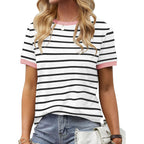 Womens T Shirt Short Sleeve Crew Neck Basic Color Block Tee Tops