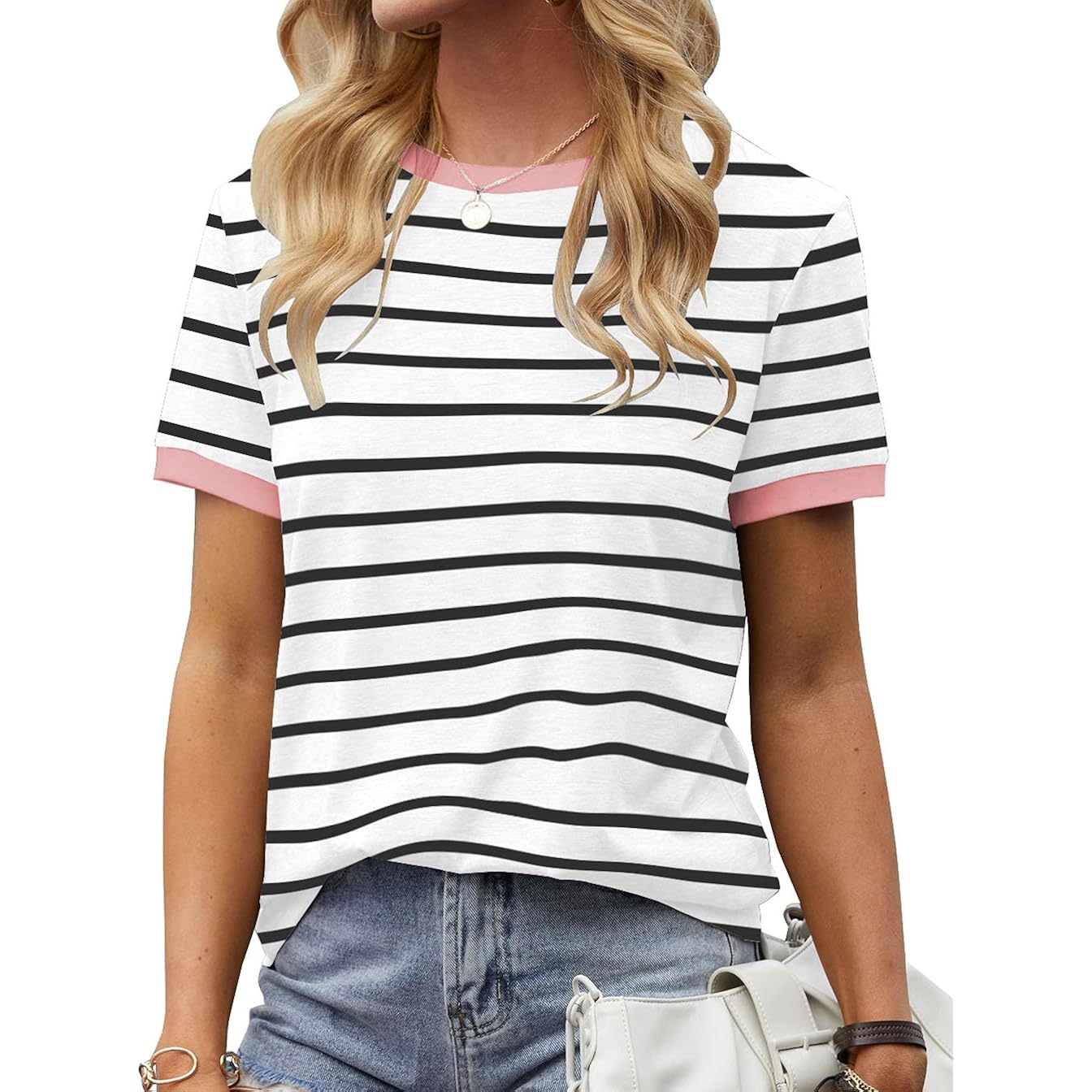Womens T Shirt Short Sleeve Crew Neck Basic Color Block Tee Tops