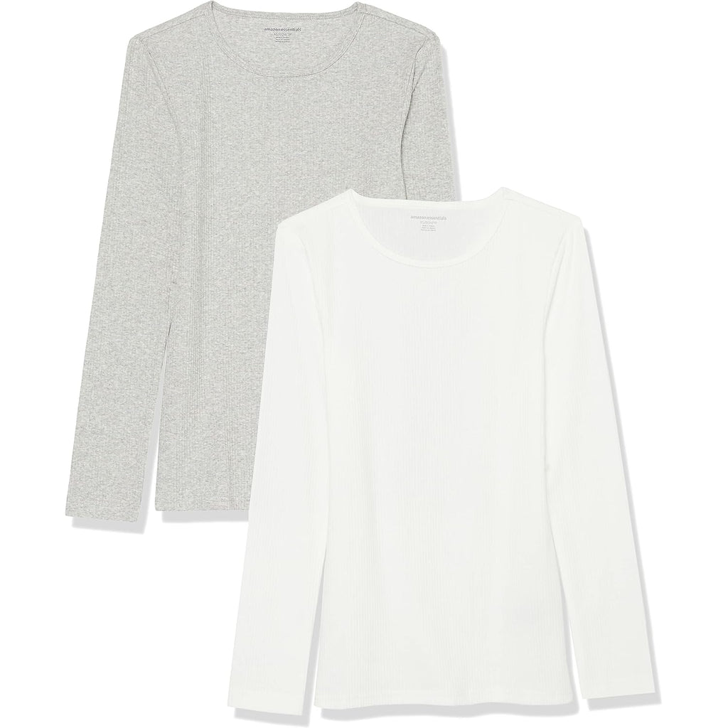 Amazon Essentials Women's Slim-Fit Long Sleeve Rib Knit Crew Neck Top, Pack of 2