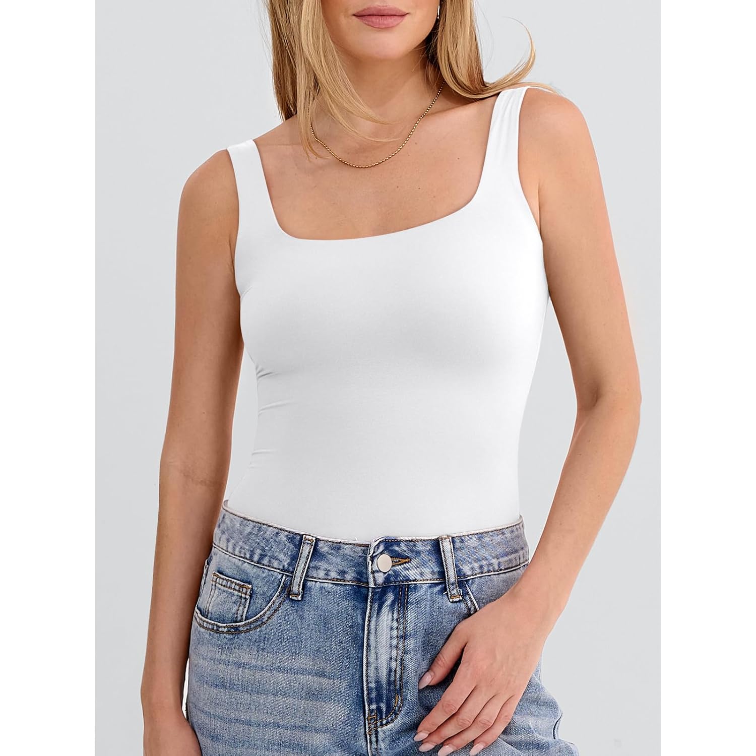 Women's Double Lined Square Neck Tank Top White
