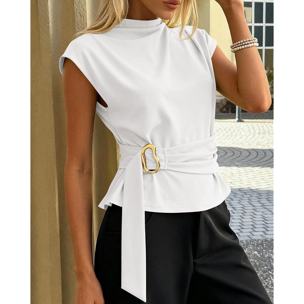 Women's Mock Neck Buckle Tunic Top White