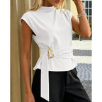 Women's Mock Neck Buckle Tunic Top White