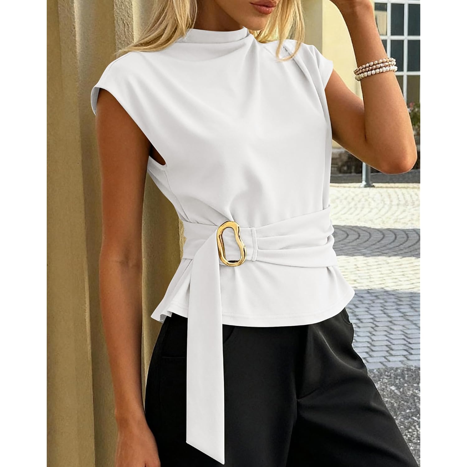 Women's Mock Neck Buckle Tunic Top White
