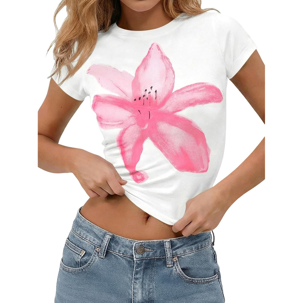 Tankaneo Womens Y2K Graphic Baby Tees Summer Floral Print Crop Tops Cotton Short Sleeve Slim Fit T-Shirts