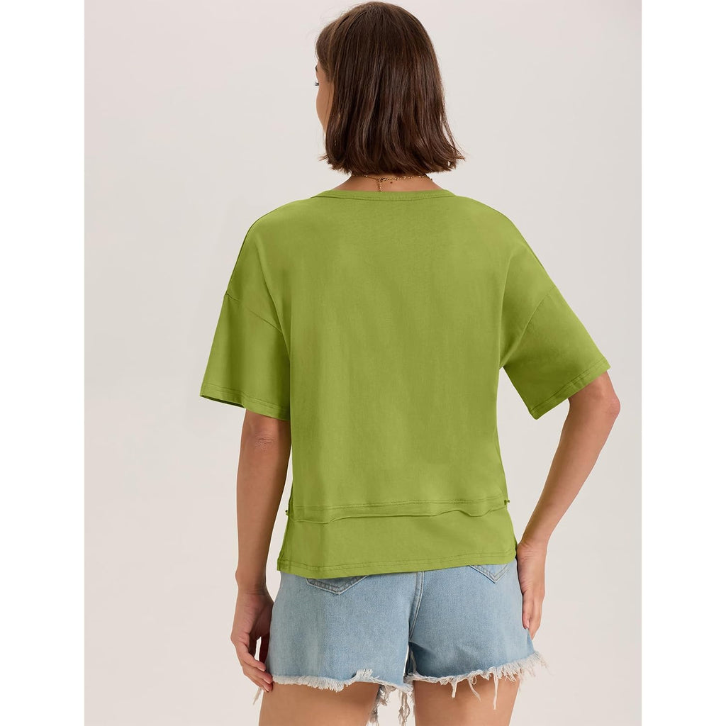 LOMON Women's V Neck 100% Cotton T Shirts Oversized Boxy Cropped Tops Casual Short Sleeve Summer Cute Tees