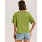 LOMON Women's V Neck 100% Cotton T Shirts Oversized Boxy Cropped Tops Casual Short Sleeve Summer Cute Tees