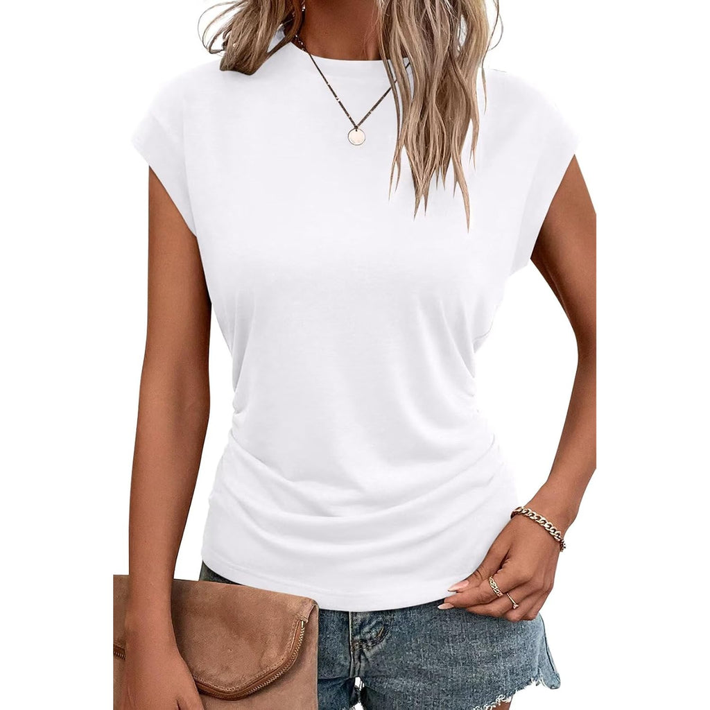 Bliwov Womens Summer Tops Cap Sleeve Crew Neck T Shirts Spring Trendy Fashion Outfits Business Beach Vacation Blouses Clothes