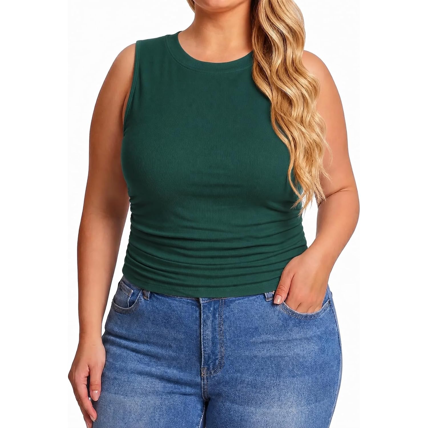 CIDER Plus Size Tops for Women Sleeveless Ruched Crew Neck Crop Tank Top Summer Casual Outfits