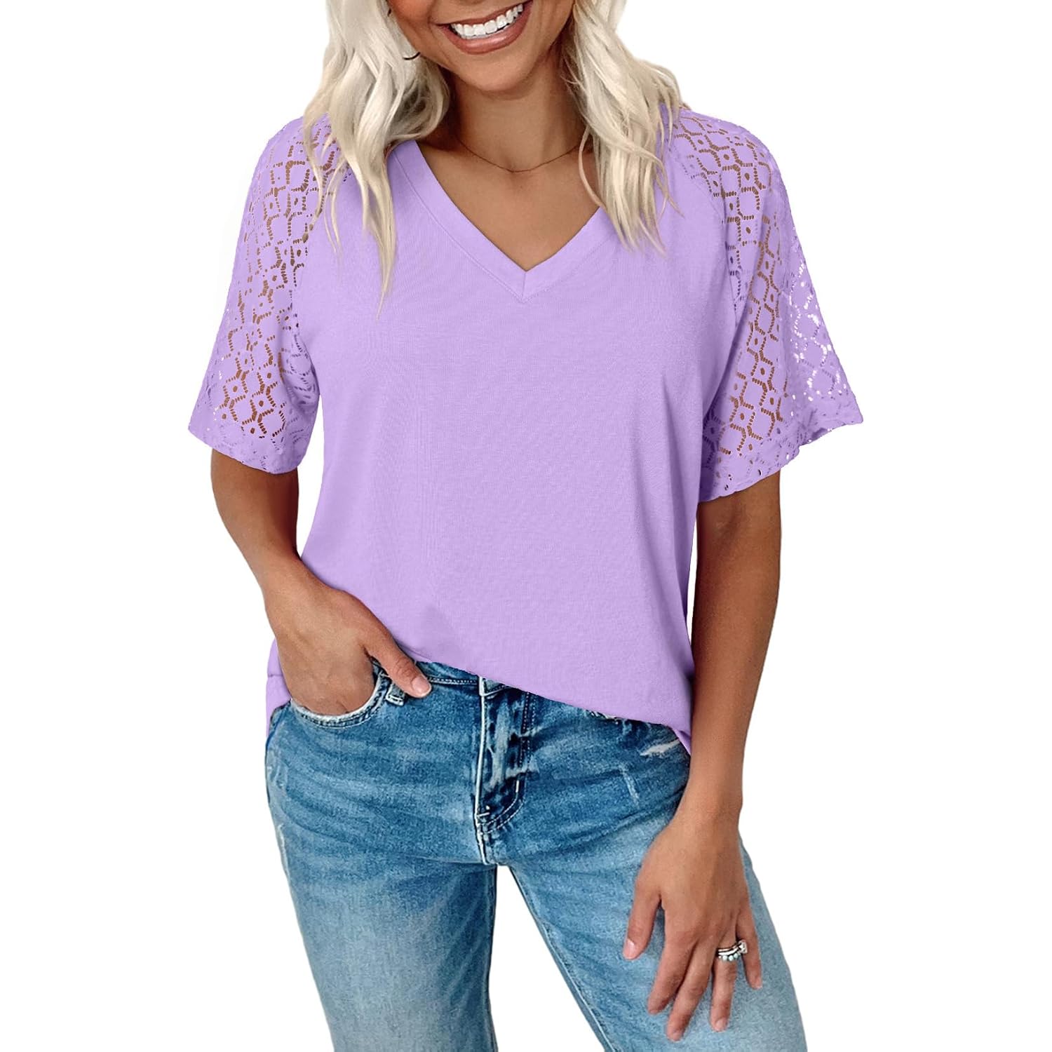 Dokotoo Womens Summer Short Sleeve Shirts Dressy Lace Tops 2026 Casual T-Shirts Cute Work Outfits Blouses