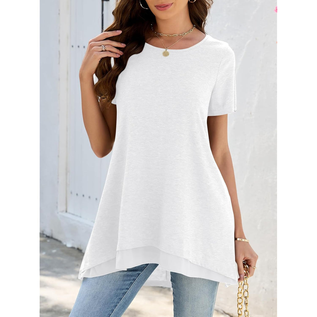 Women's Layered Chiffon Hem Tunic Top White
