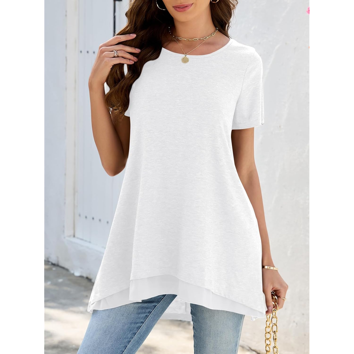 Women's Layered Chiffon Hem Tunic Top White