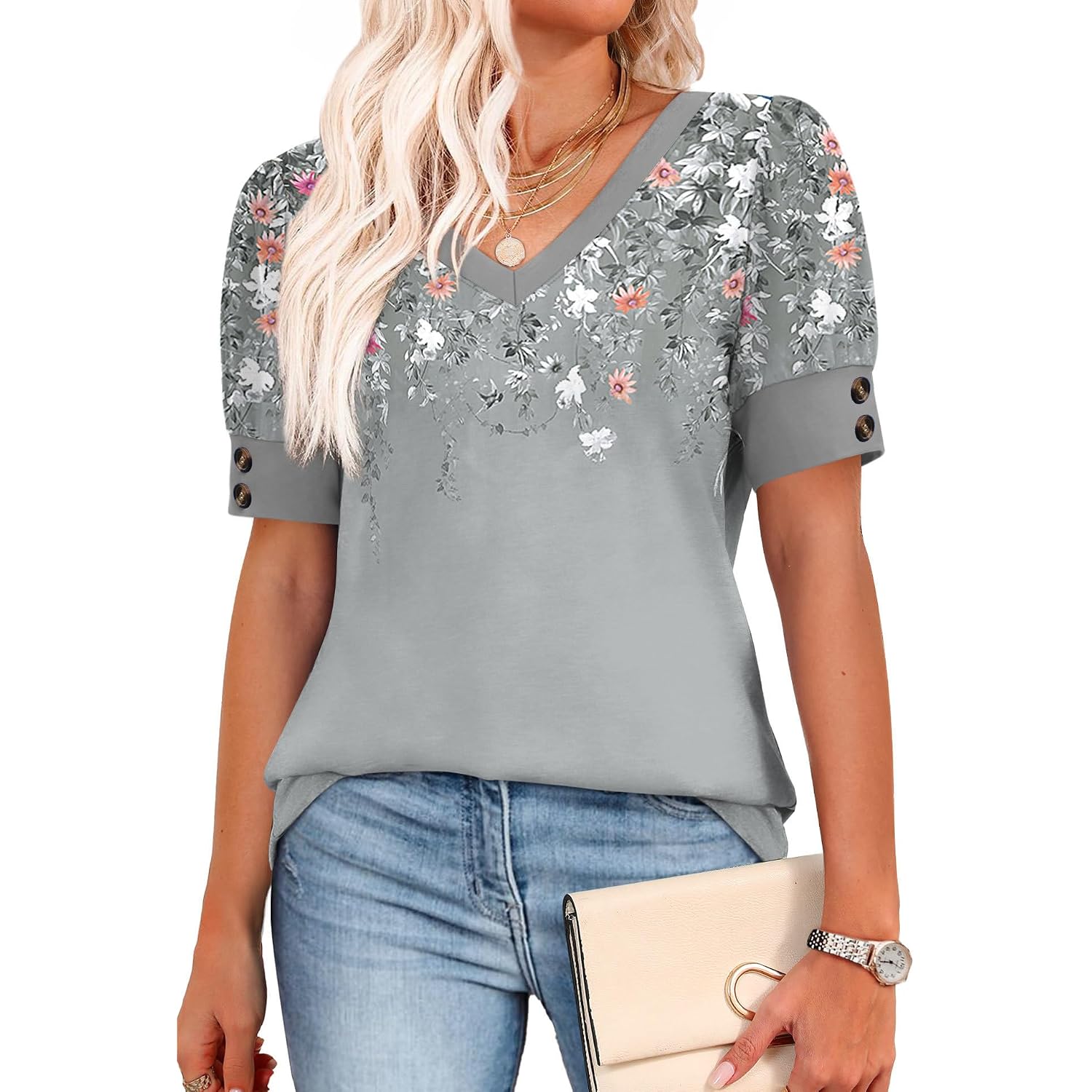 OFEEFAN Womens Tops Short Sleeve Shirts Buttons V Neck Spring Fashion Summer Outfits Plus Size Blouses Dressy Casual
